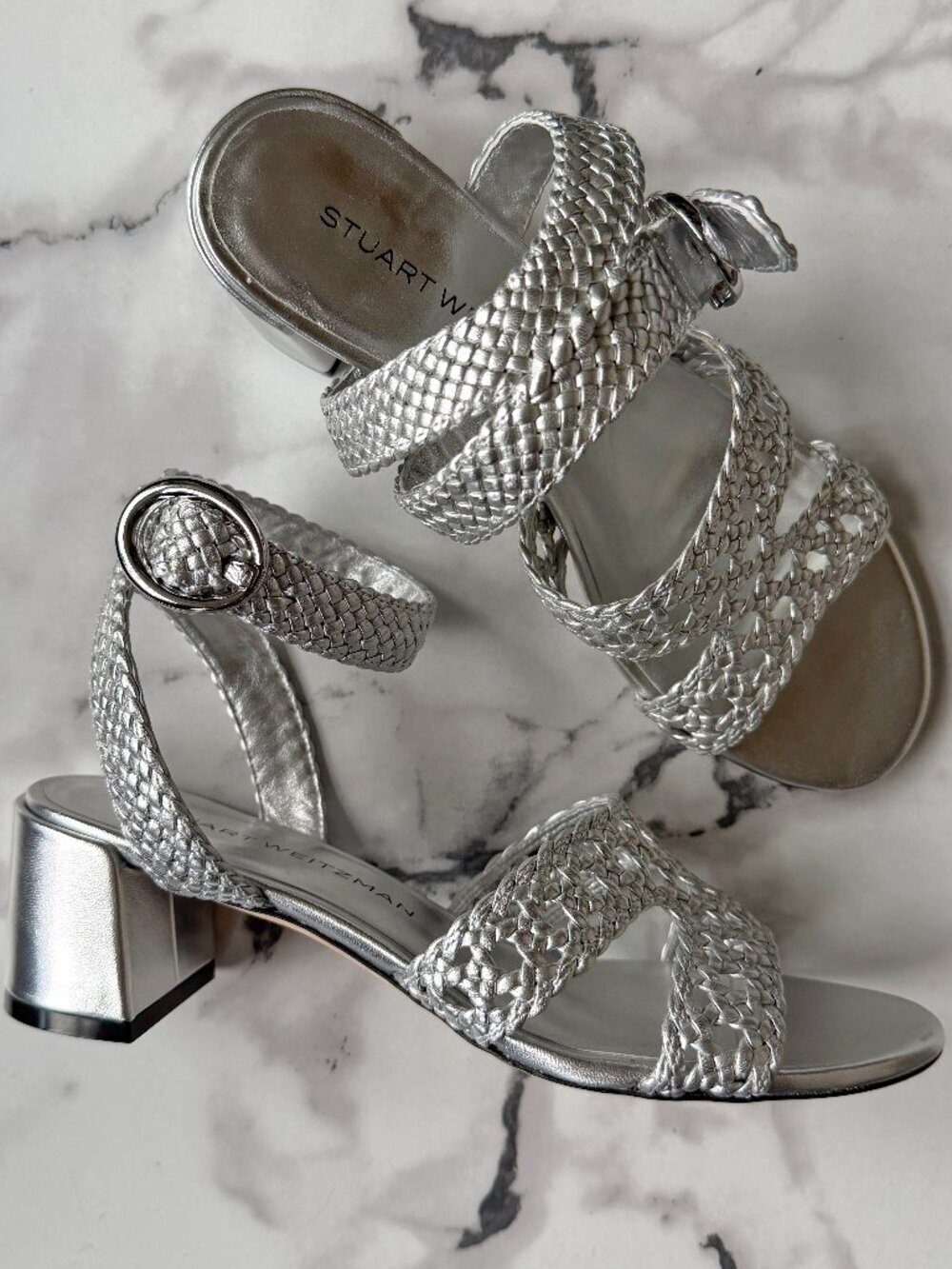 Stuart Weitzman Thea Metallic Silver Woven Leather Sandals NEW Size 9